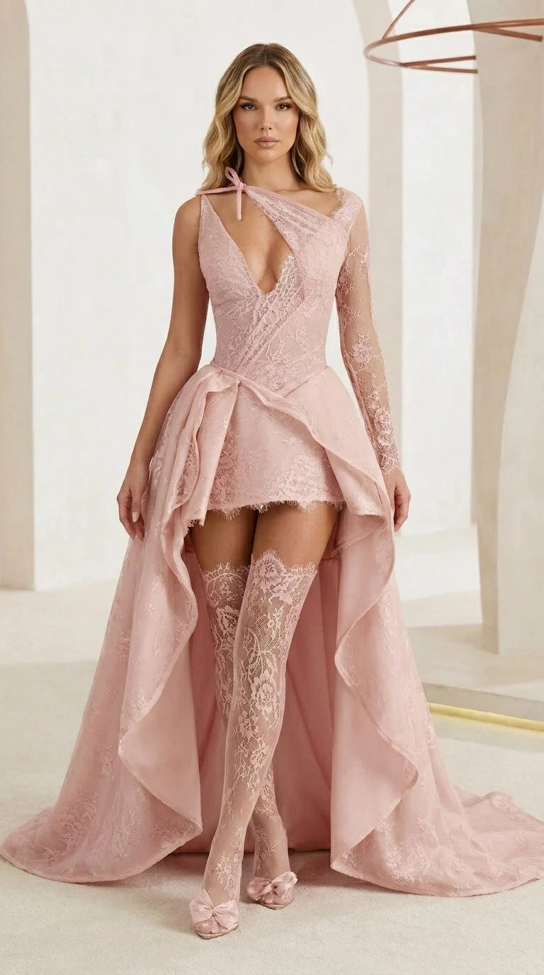 Front view of pink color variant with matching stockings