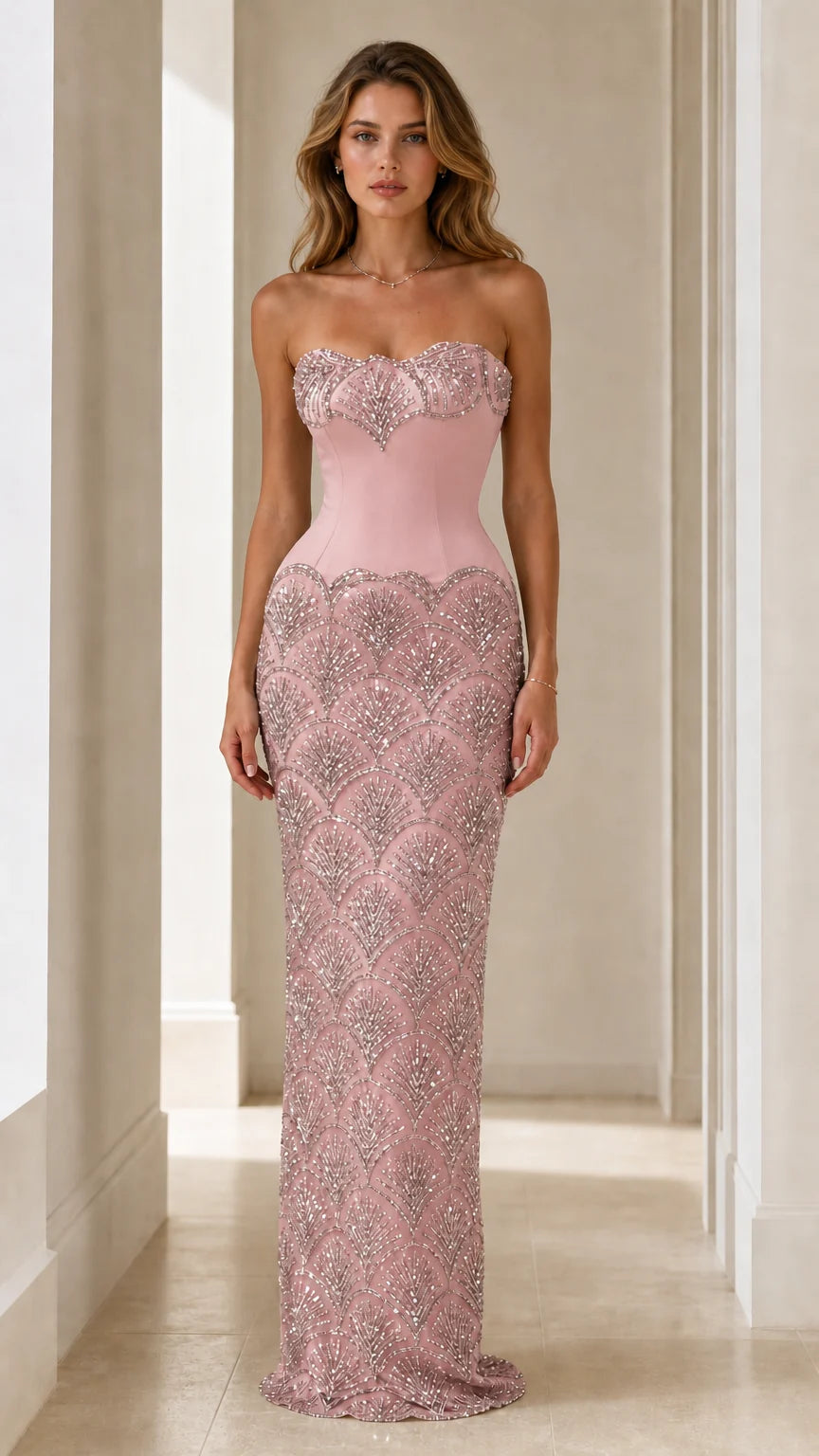 Pink sequin strapless evening gown