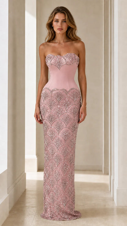 Pink sequin strapless evening gown