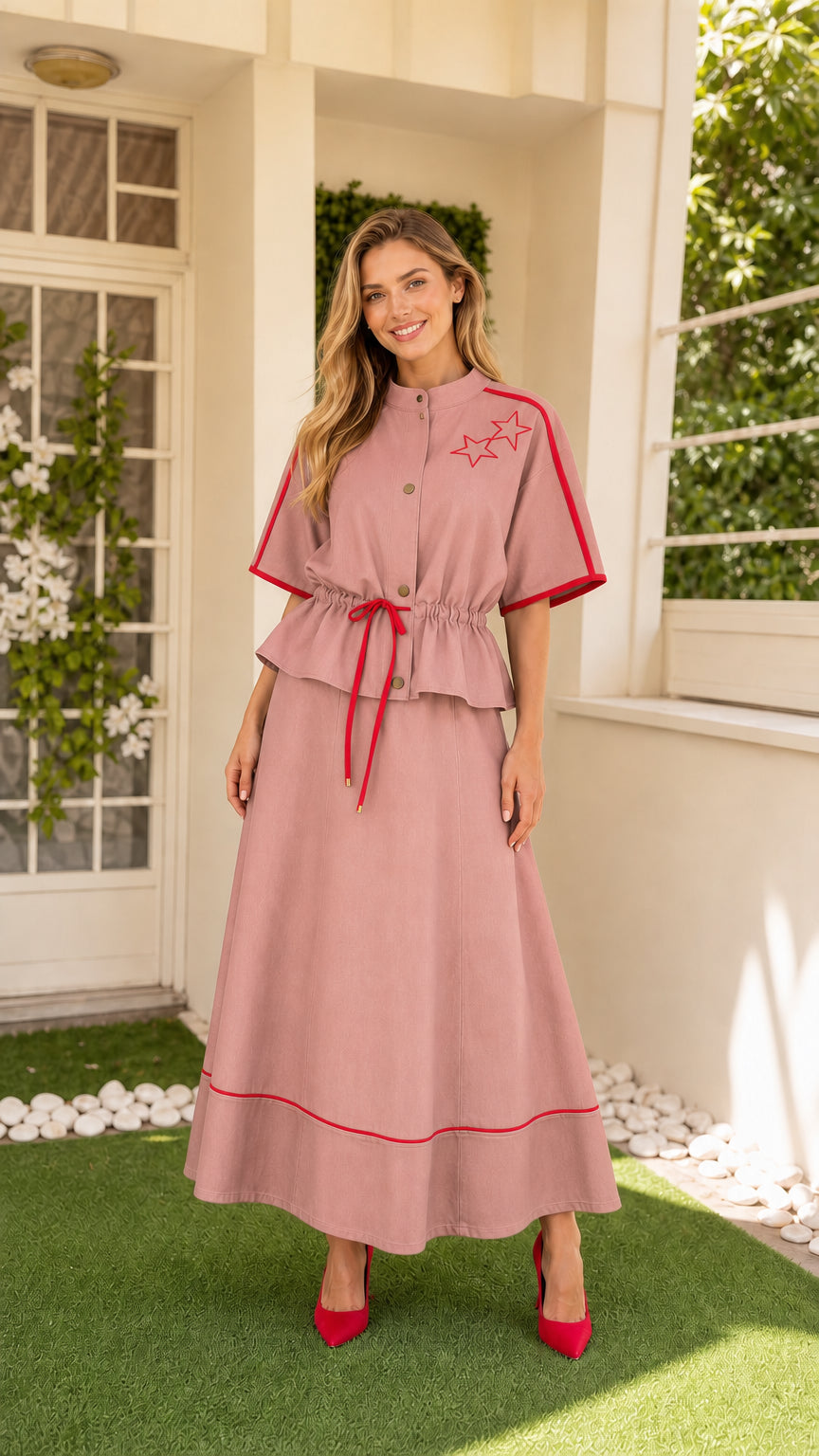 Front view of Dusty Pink two-piece maxi dress set