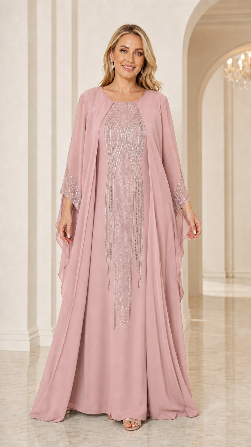 Dusty rose embellished cape sleeve formal maxi dress front view