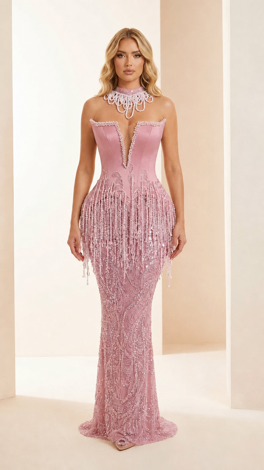 Front view of Pink color variant of the evening gown
