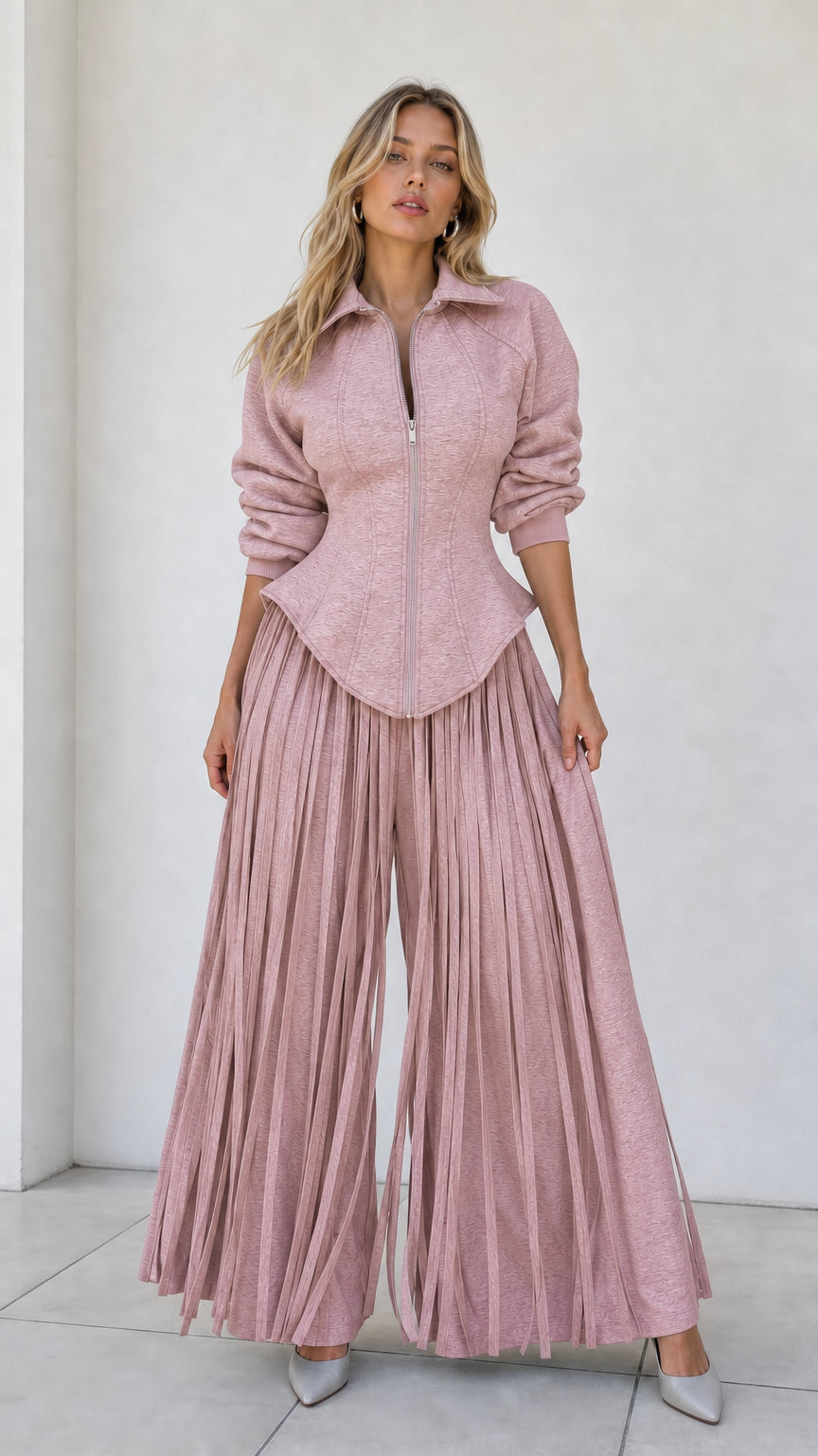 Model wearing dusty pink long-sleeve zip top and pleated palazzo pants set