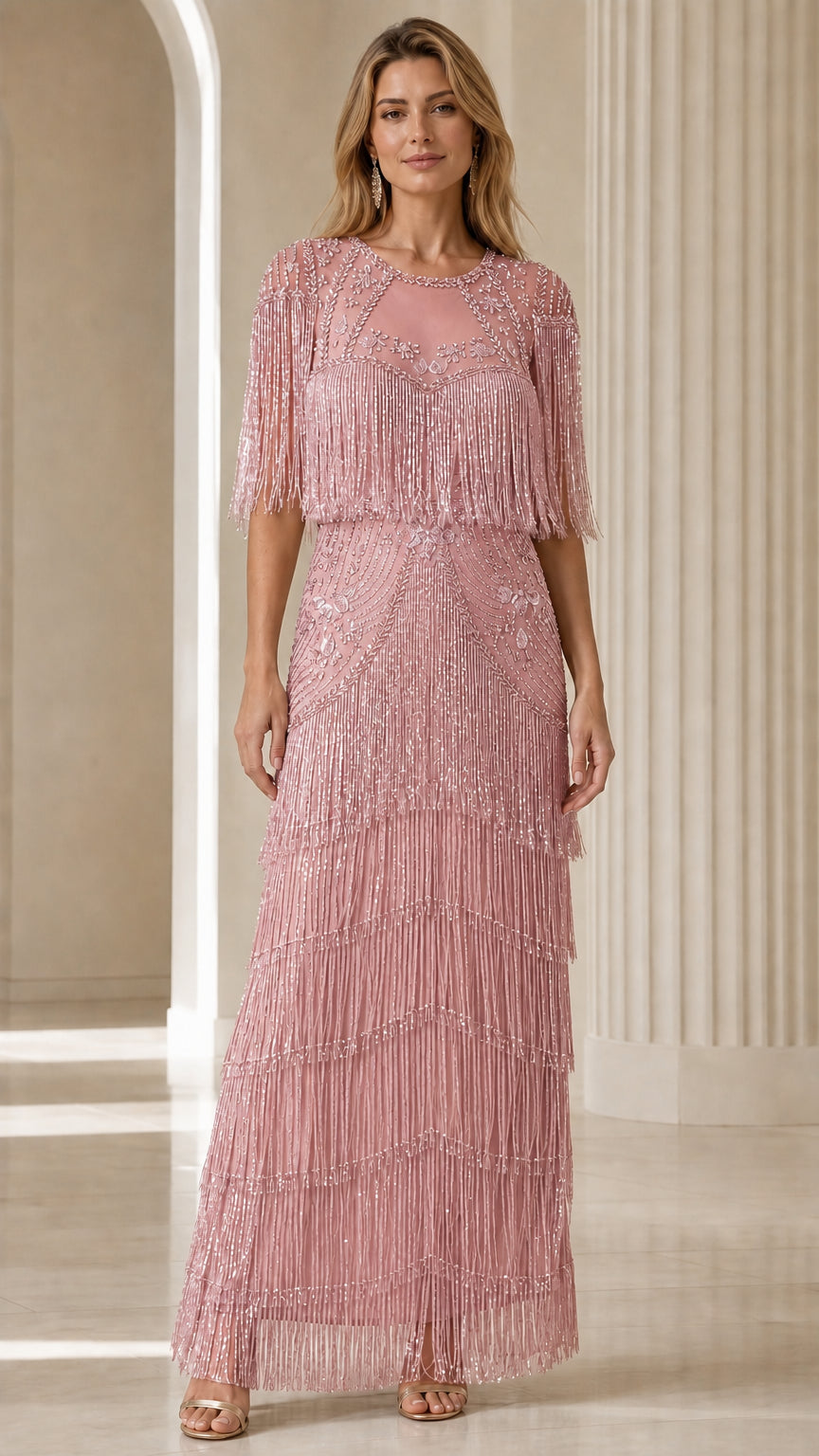 Front view of Pink Beaded Fringe Evening Dress