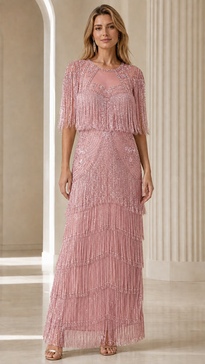 Front view of Pink Beaded Fringe Evening Dress