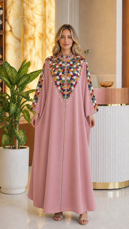 Full front view of dusty pink modest beaded kaftan maxi gown