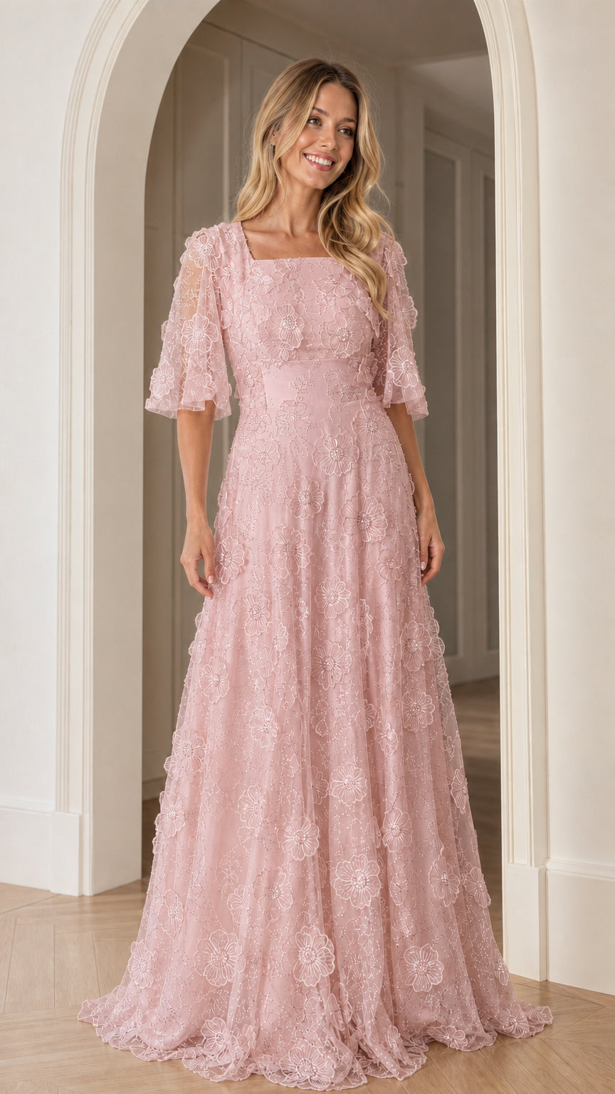 Front view of pink floral applique maxi dress