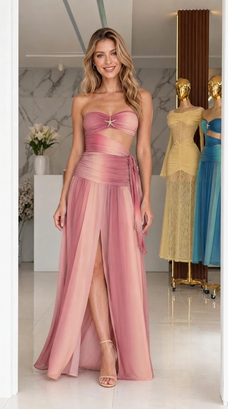 Model wearing pink ombre strapless cutout long dress