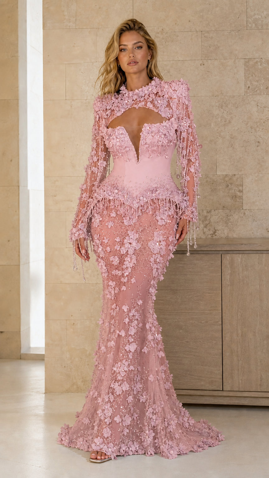 Front view of pink variant of the evening gown
