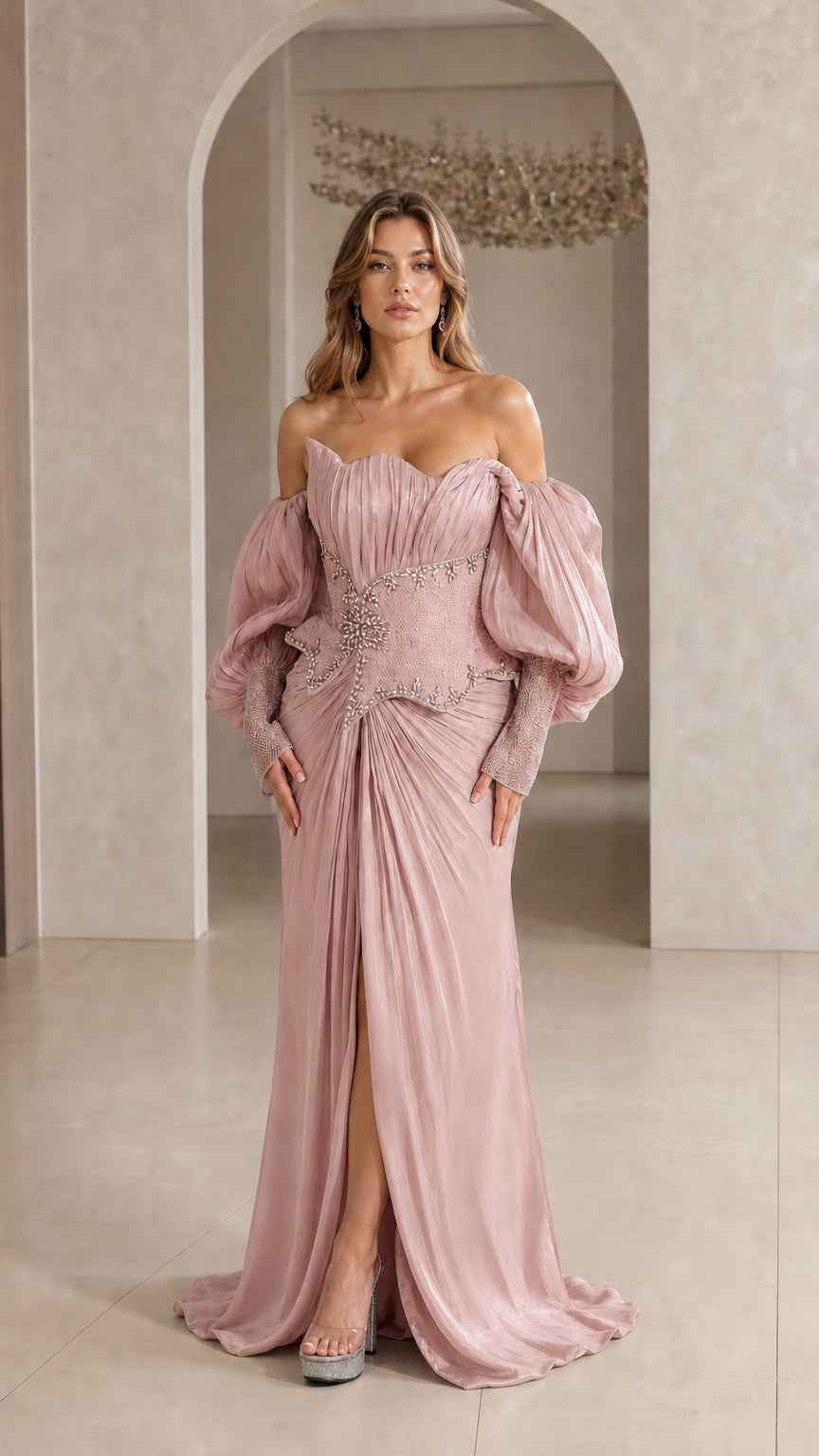 Model wearing Dusty Pink pleated formal maxi dress with high leg slit and puff sleeves