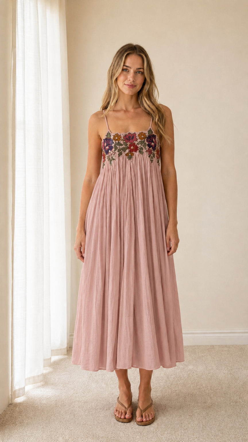 Front view of dusty pink embroidered floral midi camisole dress