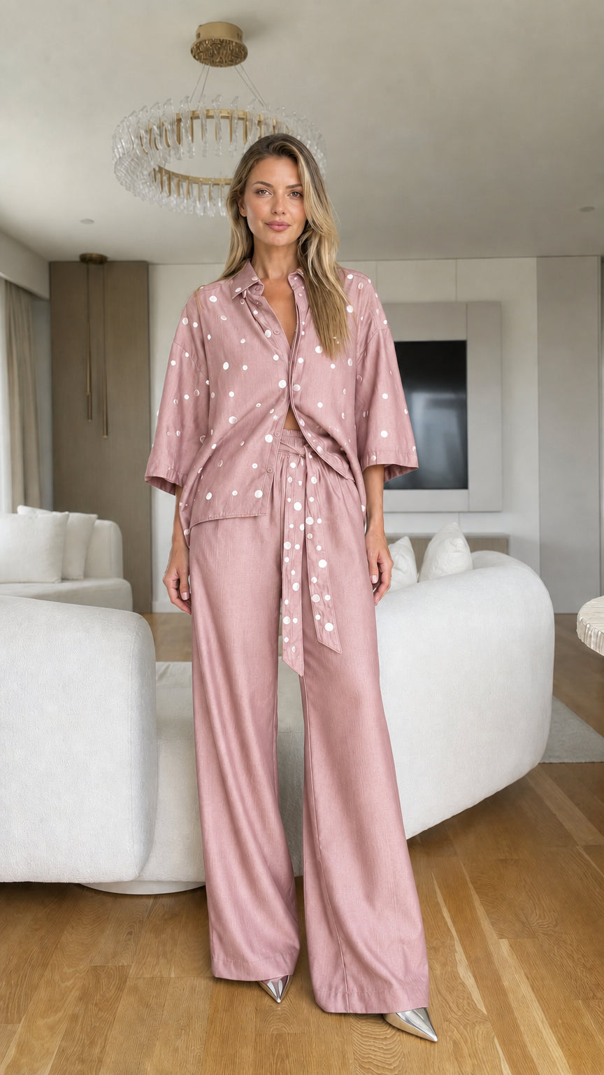 Model wearing dusty pink polka dot blouse and matching wide-leg trousers set