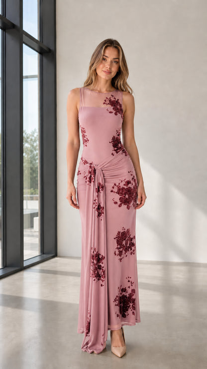 Front view of pink formal maxi dress