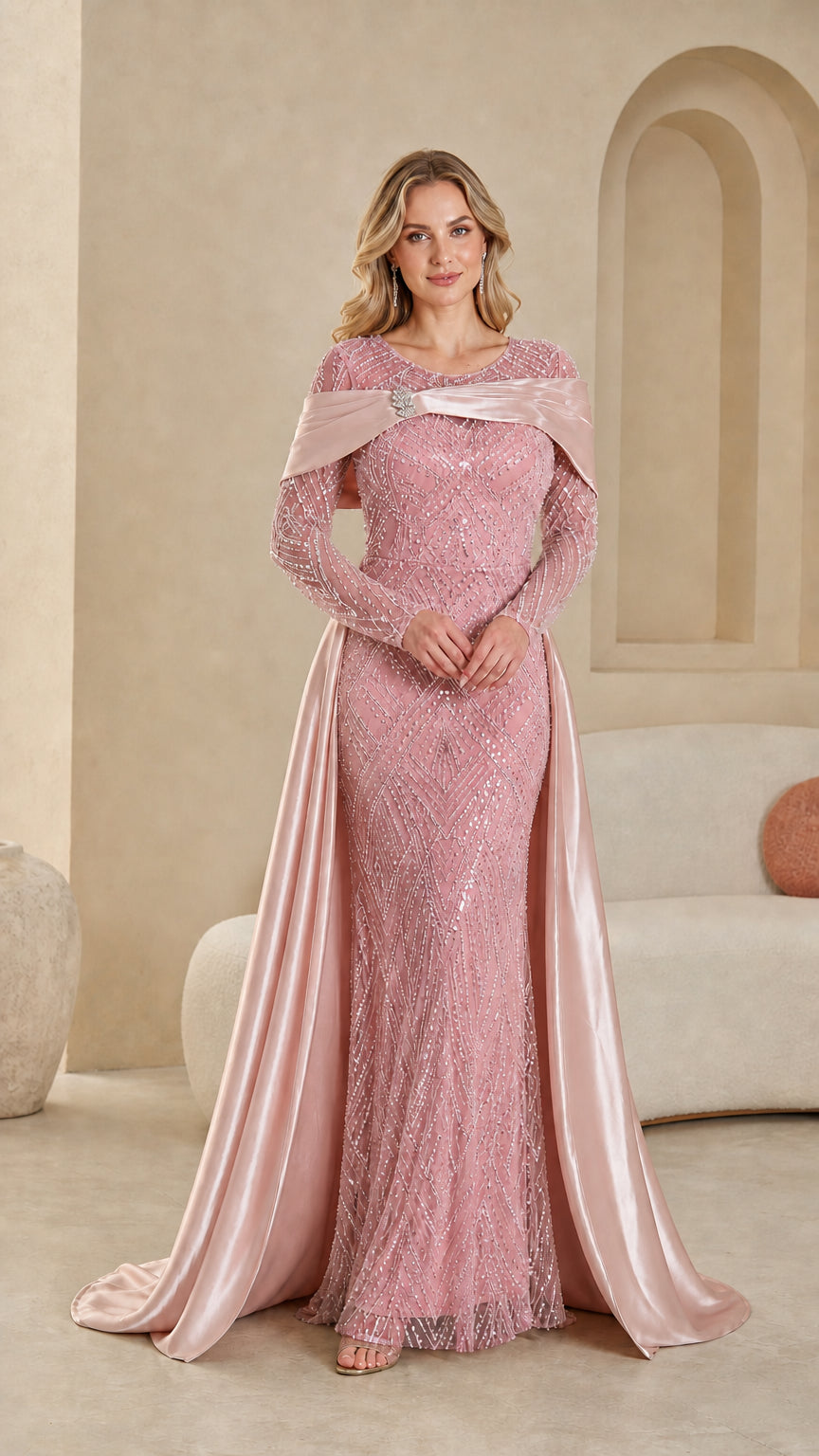 Dusty pink sequin floor-length formal gown with matching satin shawl train