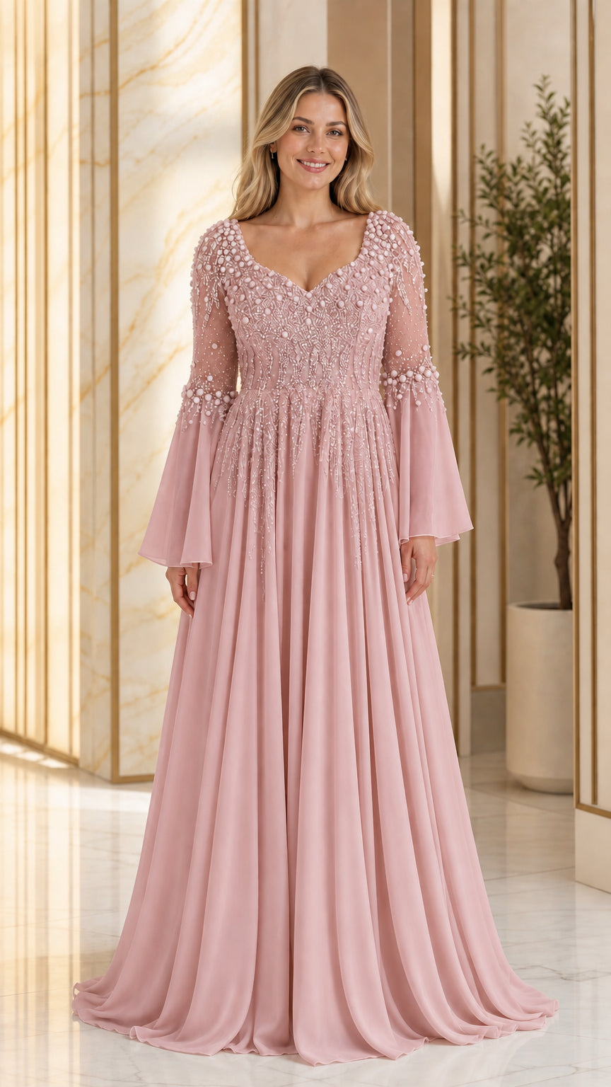Dusty pink beaded bodice bell sleeve chiffon maxi formal dress