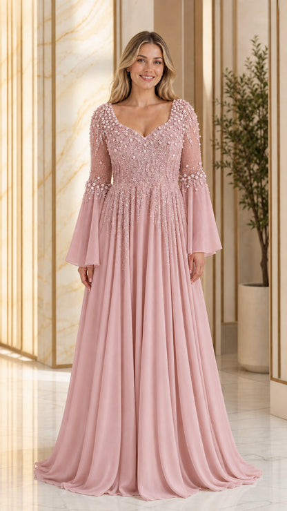 Dusty pink beaded bodice bell sleeve chiffon maxi formal dress