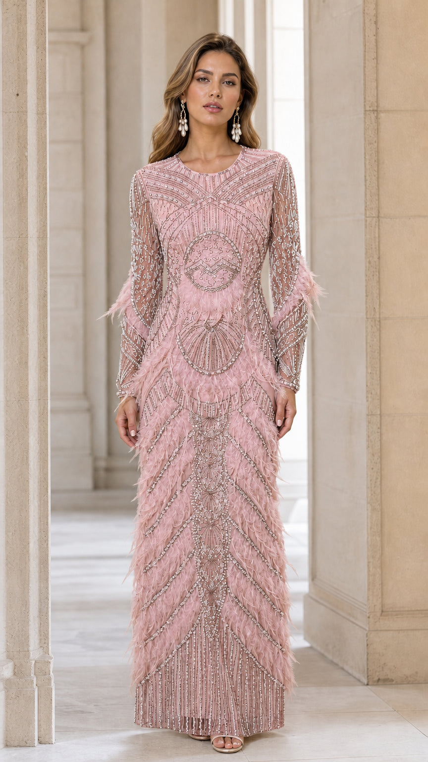 Front view of Pink beaded feather evening maxi dress