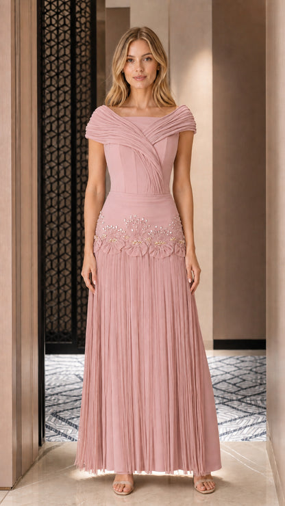Front view of pink pleated formal evening dress