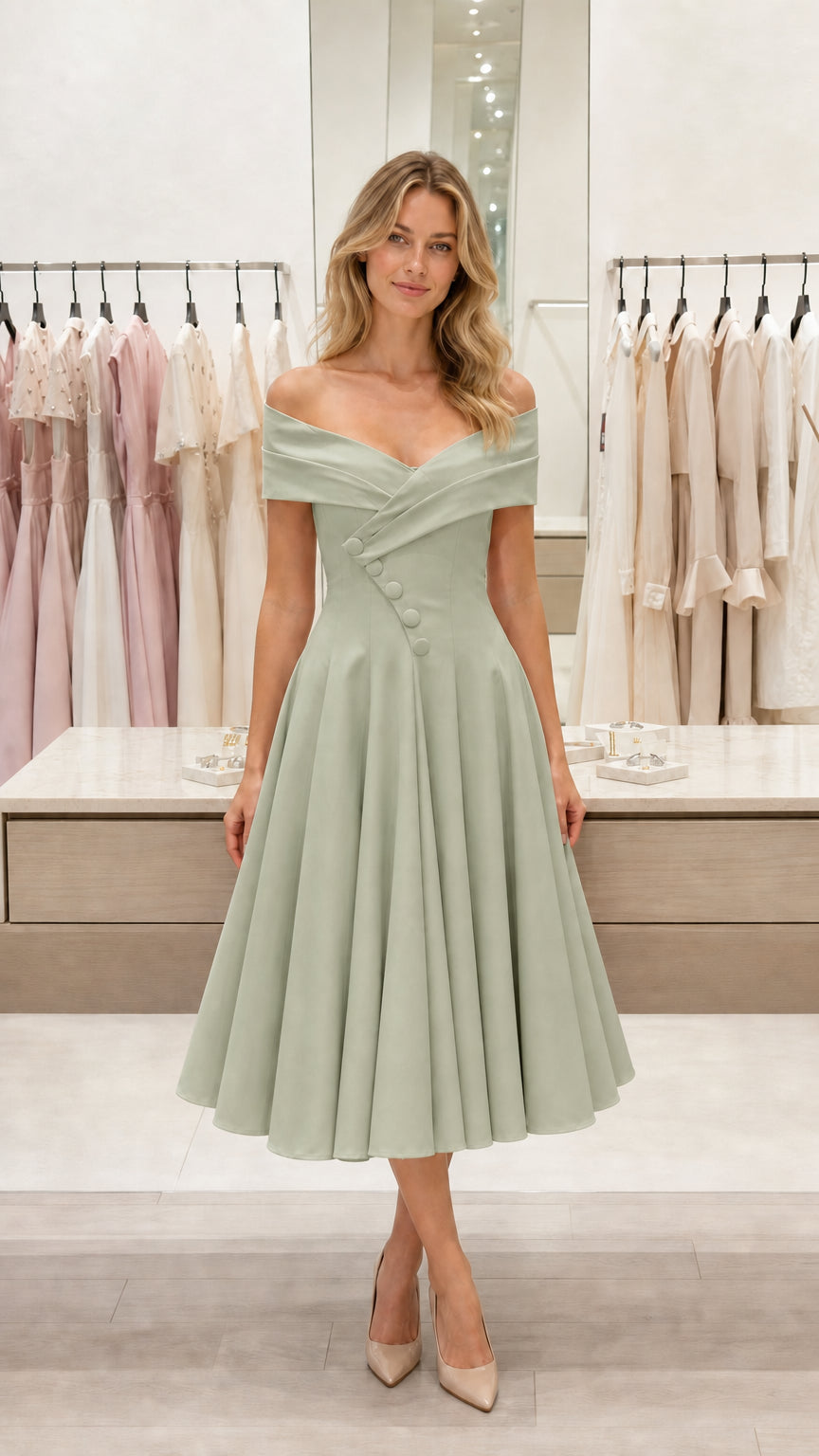 Front view of sage green off-shoulder pleated midi dress