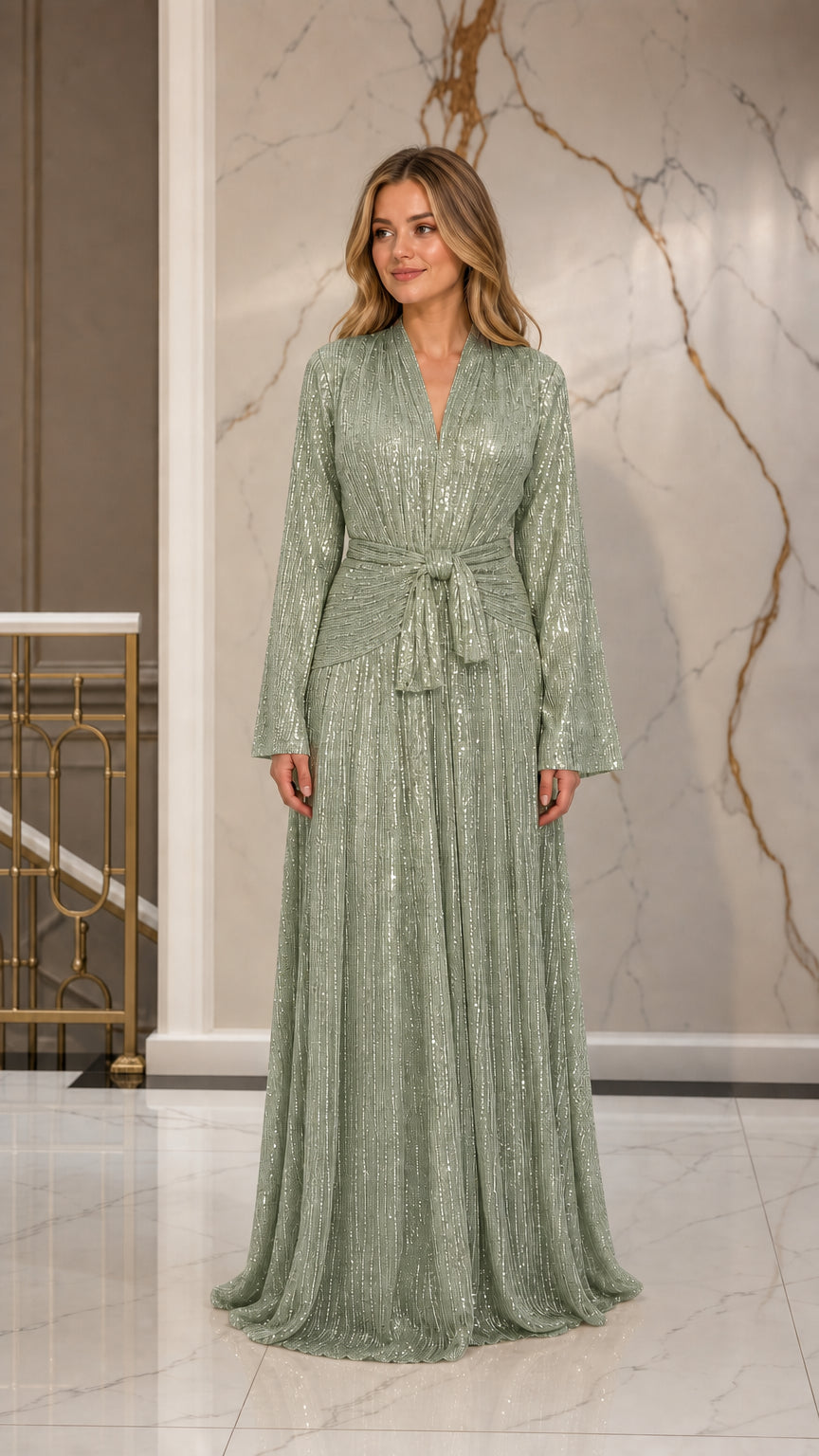 Sage green shimmering pleated maxi dress with waist tie