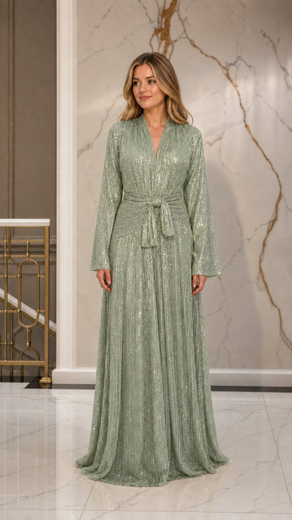 Sage green shimmering pleated maxi dress with waist tie
