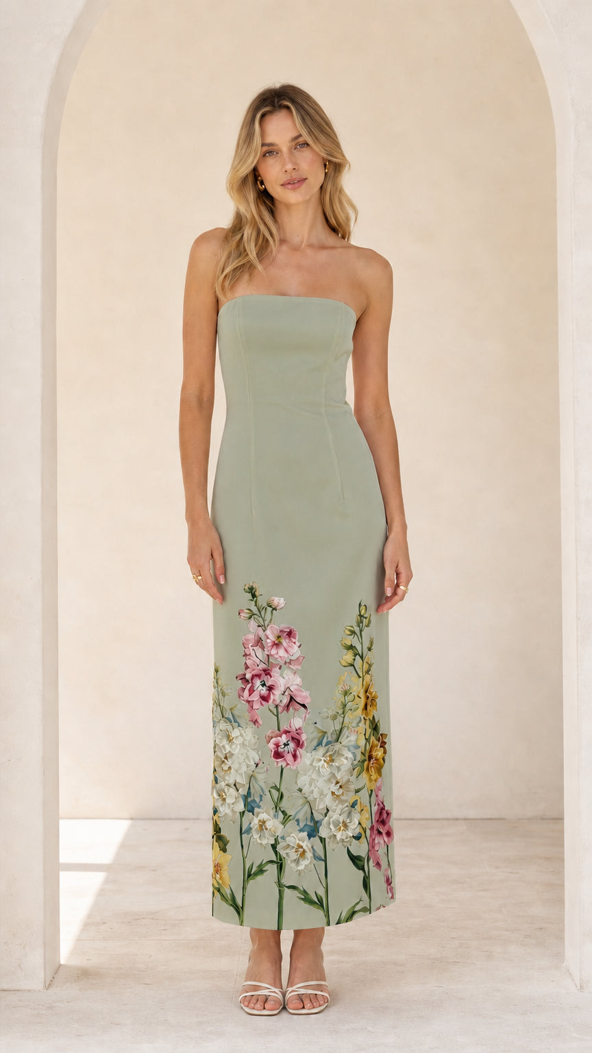 Model wearing sage floral strapless midi maxi dress
