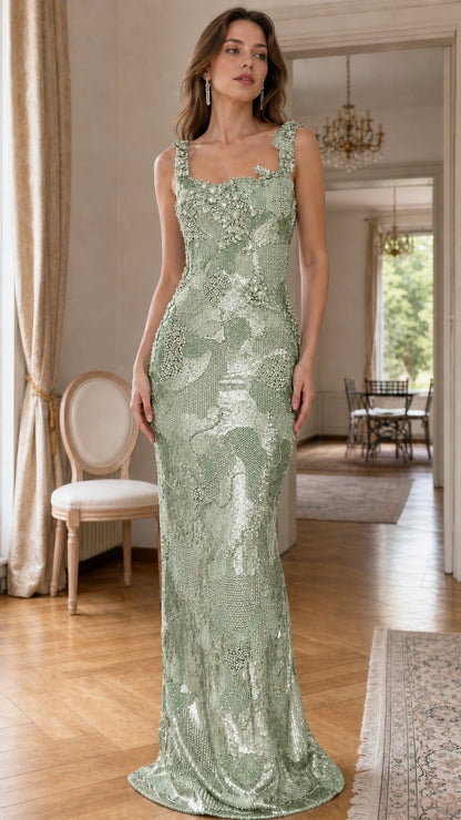 Sage green color variant of the sequined evening maxi dress