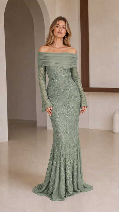 Model wearing sage green off-shoulder sequin evening gown