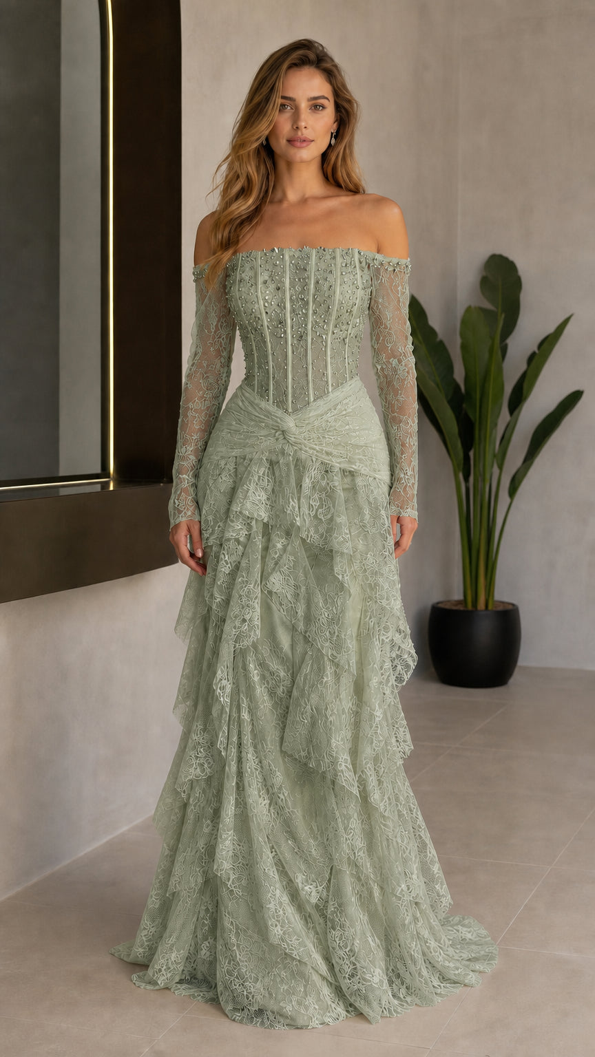 Front view of Sage Green off-the-shoulder lace evening gown