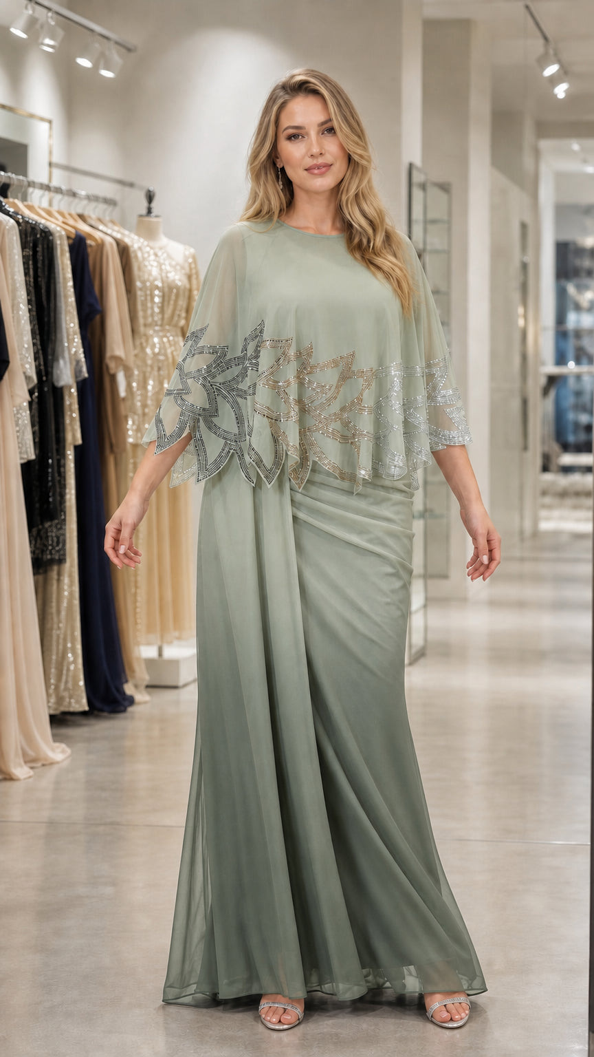 Front view of the sage green evening gown variant