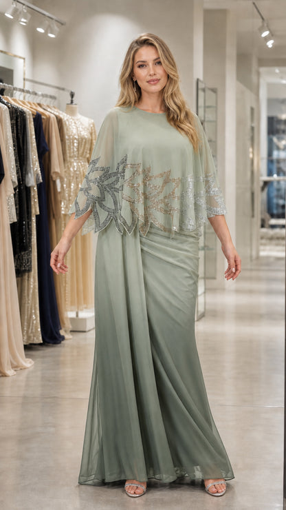 Front view of the sage green evening gown variant