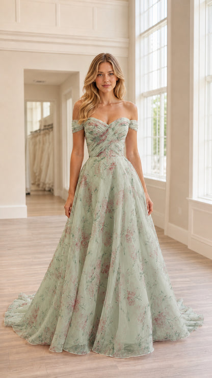 Full-length view of sage green floral off-the-shoulder evening gown