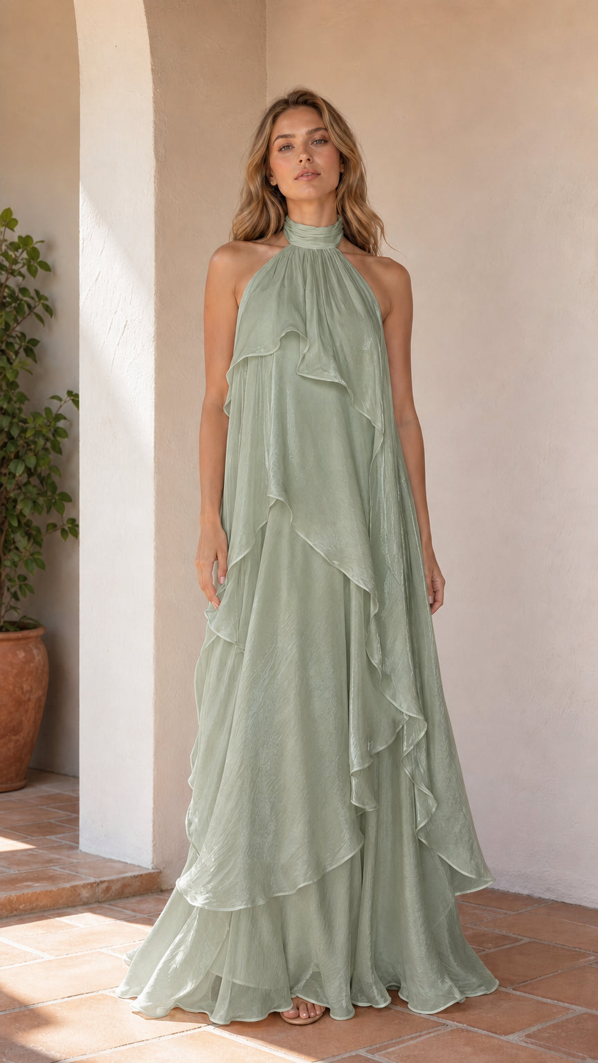Full length view of model wearing sage green ruffle halter maxi dress