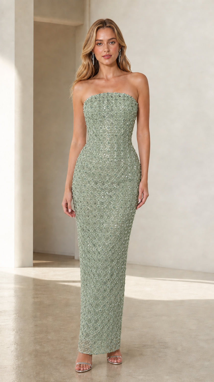 Front view of sage green embellished strapless dress