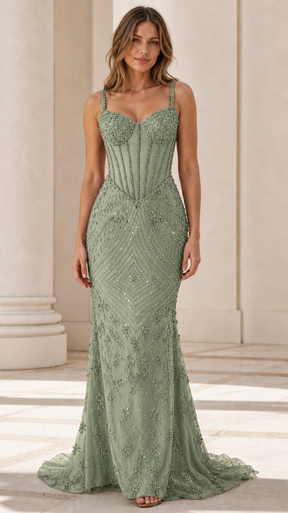 Front view of sage green beaded corset evening dress