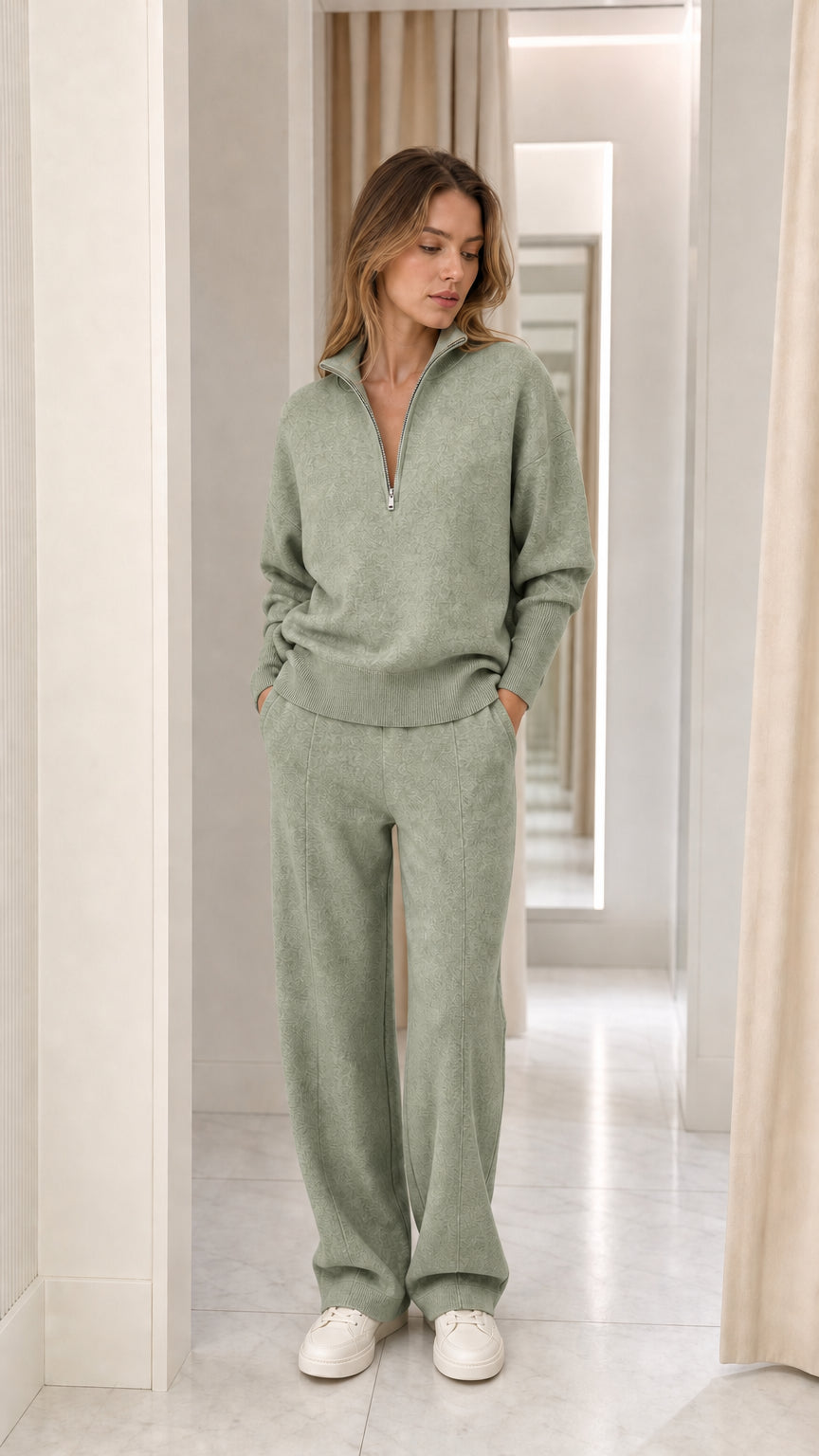 Full-length view of woman wearing sage green two-piece knit lounge set
