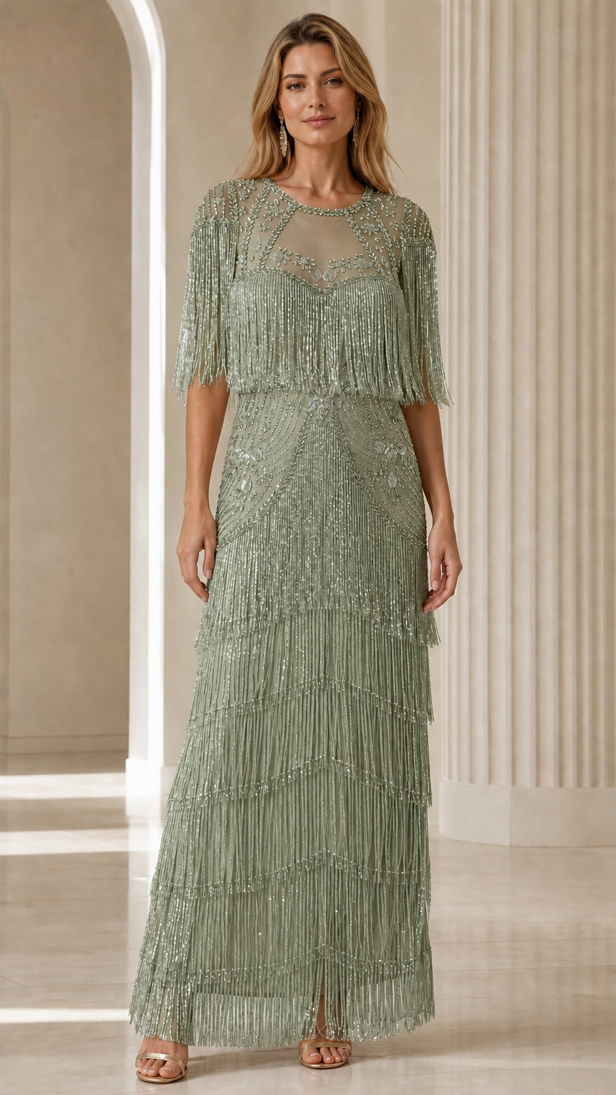 Front view of Sage Green Beaded Fringe Evening Dress