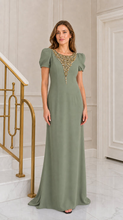Front view of woman wearing sage green crystal embellished puff sleeve formal maxi dress
