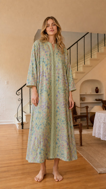 Front view of sage floral embroidered kaftan dress