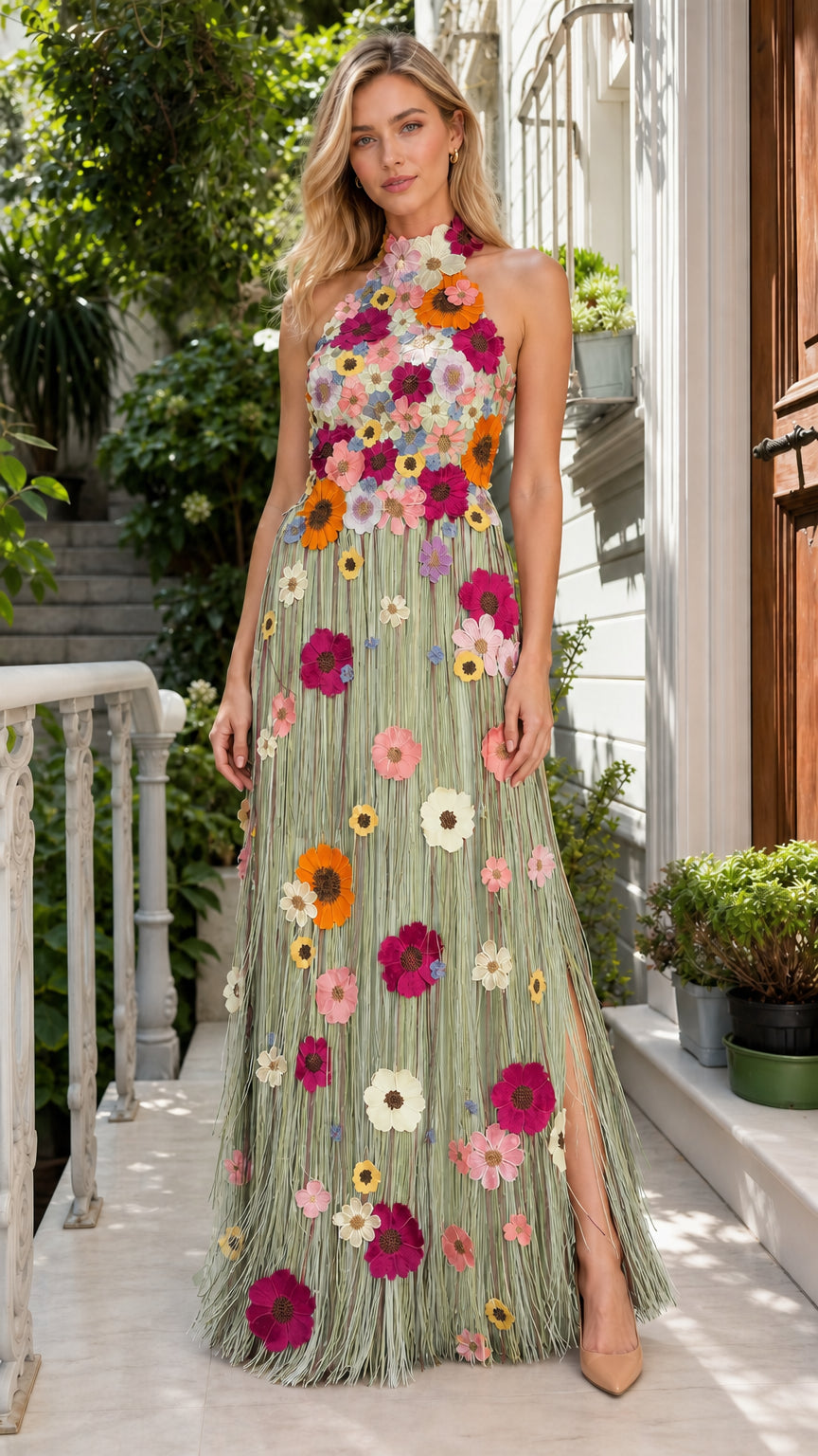 Full length view of model wearing sage green multi floral applique maxi dress