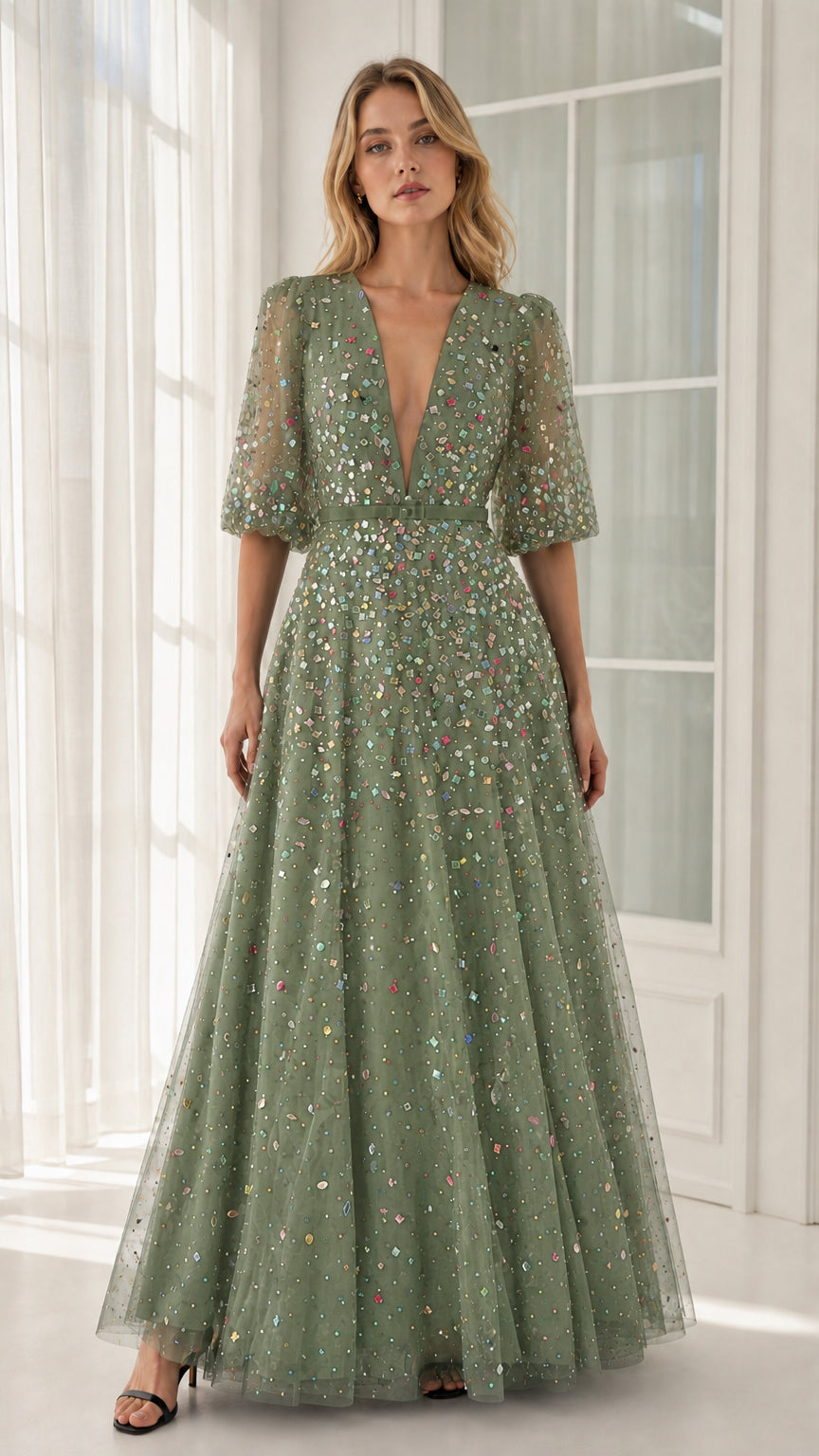Front view of sage green crystal-embellished tulle evening gown