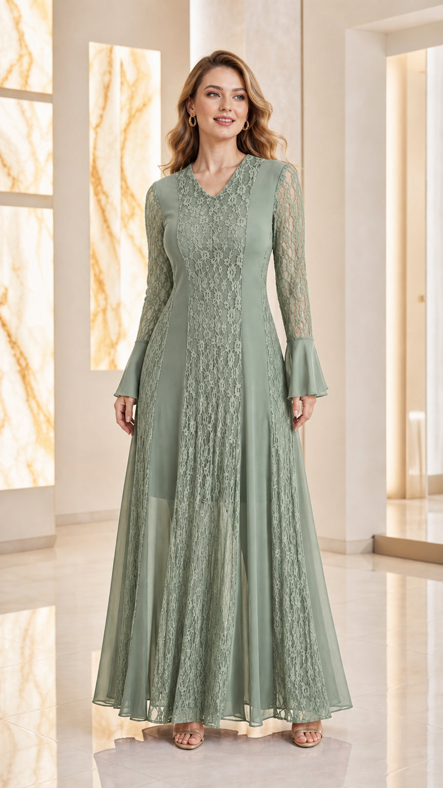 Front view of woman wearing sage green long sleeve lace formal gown