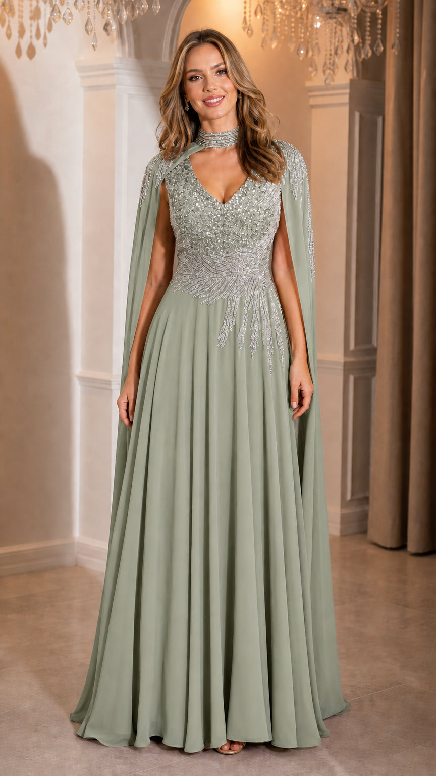 Sage green chiffon formal evening gown with cape overlay front view