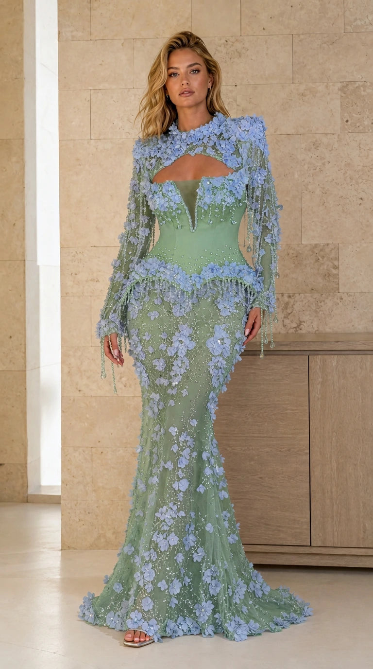 Front view of sage green variant of the evening gown