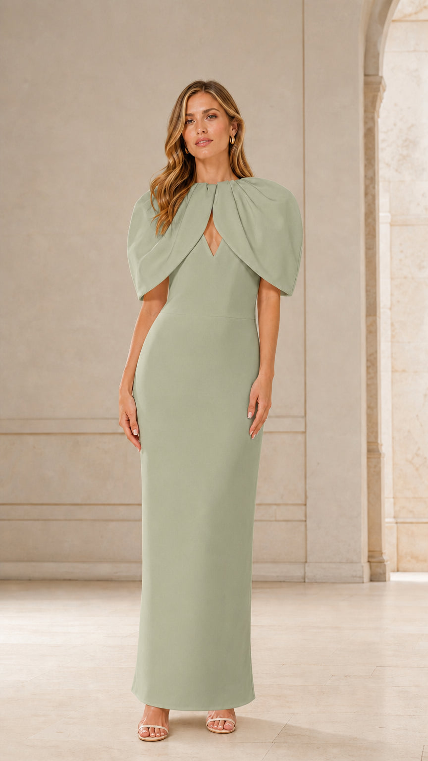 Full-length front view of sage green color variant