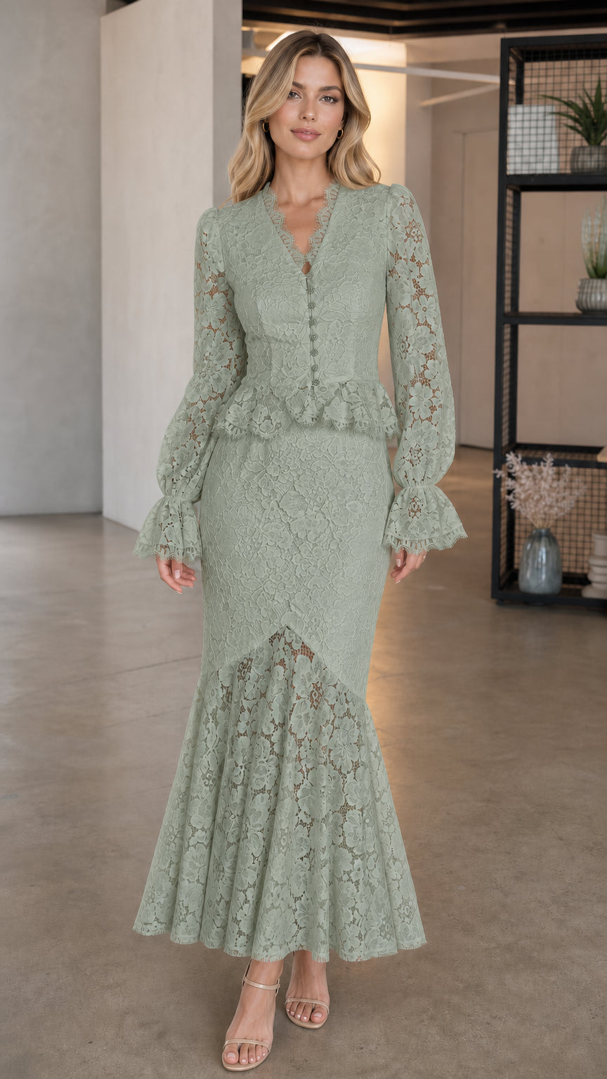 Model wearing sage green long-sleeve lace peplum dress