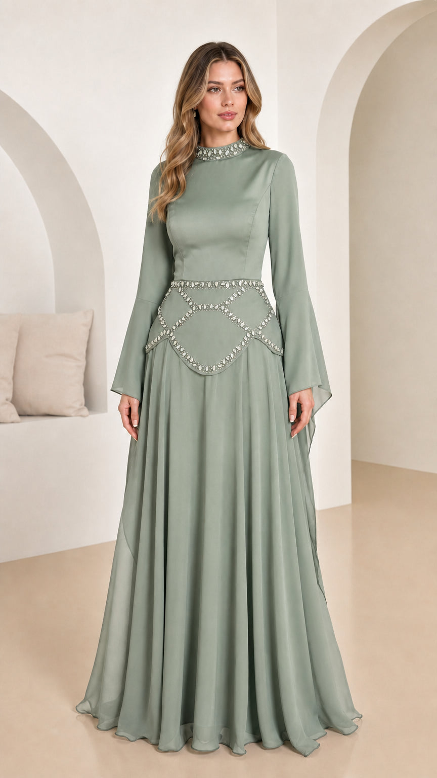 Front view of sage green elegant maxi dress variant