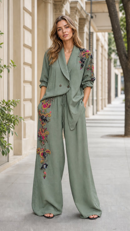 Front view of woman wearing sage green embroidered blazer and wide-leg pants set