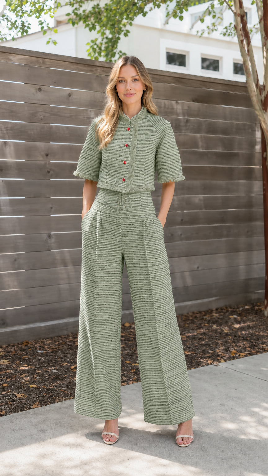 Front full view of green tweed two-piece set