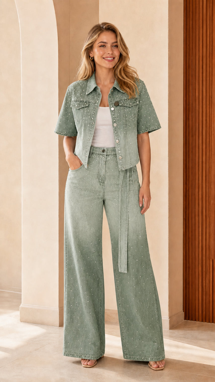 Front view of sage green ombre rhinestone denim two-piece outfit